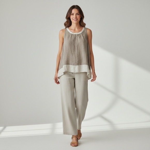 Magnolia Pearl Tops - Magnolia Pearl Love Linen Tank Women‎ OS Brown Natural Relaxed Boho Elegant Chic